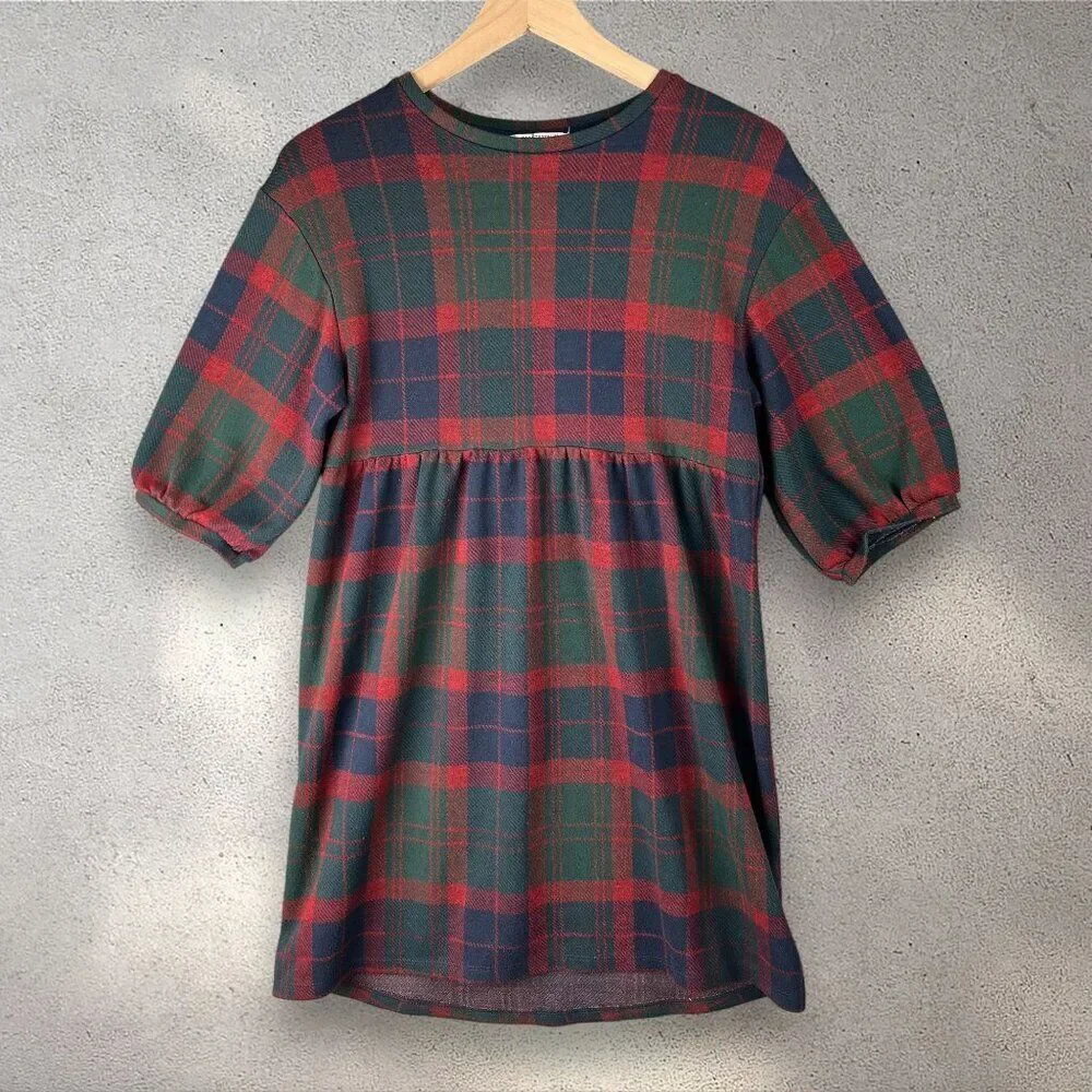 Zara Trafaluc Plaid Babydoll Dress Women's S Mini 1/2 Sleeve Holiday Cottagecore - Picture 3 of 7